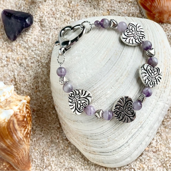 Genuine Amethyst and Heart Beaded Bracelet - Whole Heart of the Earth - Picture 1 of 5